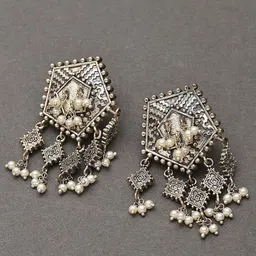 JAYPORE Silver Plated Pearls Studded Contemporary Shaped Oxidised Drop Earrings-picture-35