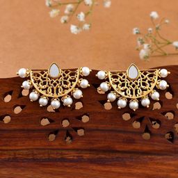 Voylla Nazakat Pur Kashish Gold-Plated Beaded & Mirror Work Contemporary Stud Earrings-picture-17