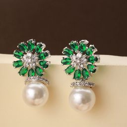 Saraf RS Jewellery Silver Plated American Diamond Floral Drop Earrings-picture-0