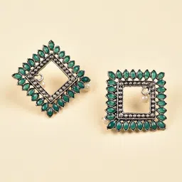 Indi INSIDE Silver Plated & Green Oxidised Square Studs Earrings-picture-11