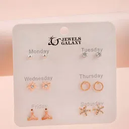 Jewels Galaxy Set Of 6 Rose Gold-Plated Crystals & Pearl Beaded Contemporary Stud Earrings-picture-37