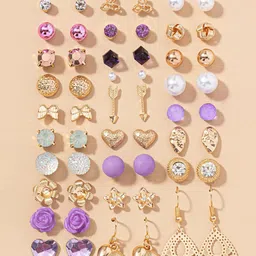 Jewels Galaxy Set Of 30 Gold Plated Crystals & Pearl Beaded Contemporary Stud Earrings-picture-22
