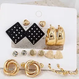 VIEN Set Of 9 Gold Plated Studded Stainless Steel Earrings-picture-20