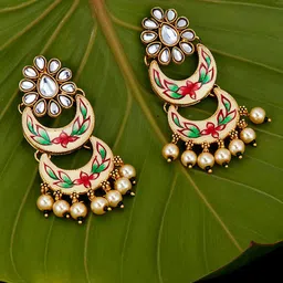 Sukkhi Gold Plated Contemporary Kundan Meenakari Chandbalis image 1