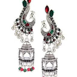 DESI COLOUR Silver-Toned Peacock Shaped Chandbalis Earrings image 1