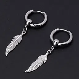 VIEN Silver Plated Feather Shaped Hoop Stainless Steel Earrings-picture-11