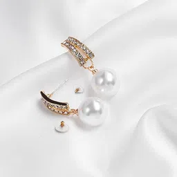 Yellow Chimes Gold Tone Contemporary Crystal Studded Pearl Hanging Drop Earrings-image-19