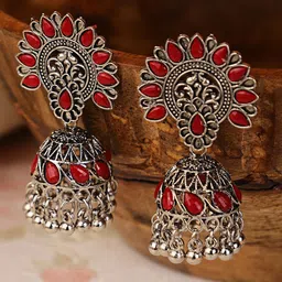 Shining Diva Silver-Toned & Red Oxidised Dome Shaped Jhumkas Earrings-picture-56