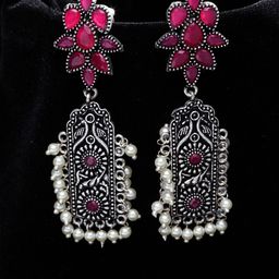 PANASH Silver-Plated & Pink Oxidised Floral Drop Earrings-picture-17