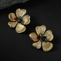 SOHI Gold-Plated Stone Studded Floral Drop Earrings-picture-2
