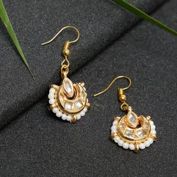 Ruby Raang Women Gold-Toned Contemporary Kundan & Beads Drop Earrings image 1