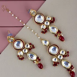 LUCKY JEWELLERY Gold-Plated Kundan Studded Maang Tika And Earrings Jewellery Set-image-2