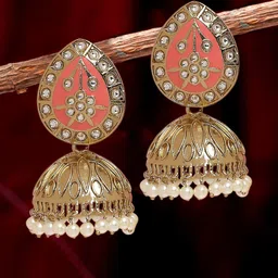 OOMPH Pink & Gold Plated Dome Shaped Jhumkas Earrings-image-37