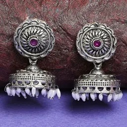 OOMPH Maroon Silver-Plated Dome Shaped Jhumkas Earrings-picture-34