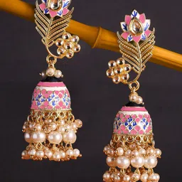 OOMPH Gold-Toned & Pink Kundan Studded Peacock Shaped Meenakari Jhumkas Earrings image 1