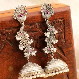 Crunchy Fashion Silver-Plated Stone-Studded & Beaded Peacock Shaped Jhumkas-picture-13
