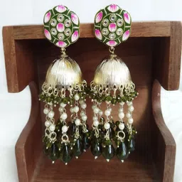 Crunchy Fashion Gold-Plated Meenakari Contemporary Jhumkas-image-1