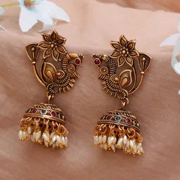 KARATCART Gold-Plated & White Peacock Shape Classic Jhumkas Earrings-picture-48