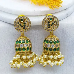 GRIIHAM Gold-Plated American Diamond-Studded & Beaded Dome Shaped Jhumkas-picture-22