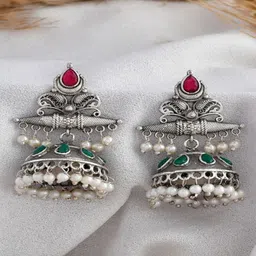 DASTOOR Silver-Plated Stone-Studded & Beaded Dome Shaped Oxidised Jhumkas-picture-16