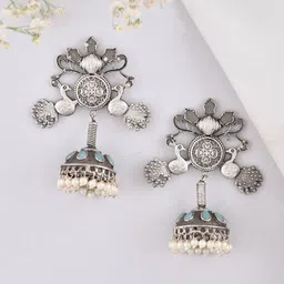 DASTOOR Silver Peacock Shaped Jhumkas Earrings-picture-37