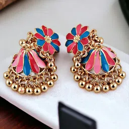LUCKY JEWELLERY Gold-Plated Contemporary Meenakari Jhumkas-picture-10