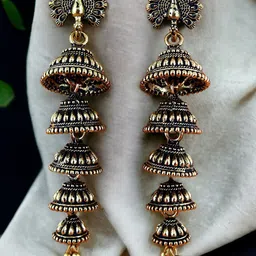 LUCKY JEWELLERY Gold-Plated Oxidised Peacock Shaped Layered Jhumkas-picture-55