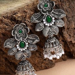 KARATCART Silver-Plated Oxidised Stone Studded & Beaded Jhumkas-picture-15