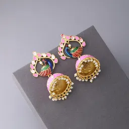 VIRAASI Pink & White Meenakari Peacock Shaped Jhumkas image 1