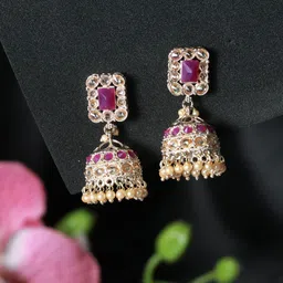 Jazz and Sizzle Rose Circular Gold-Plated AD-Studded Jhumkas Earrings-image-37
