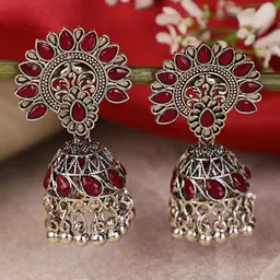 Shining Diva Silver-Plated Maroon Stone Studded Jhumkas Earrings-picture-32