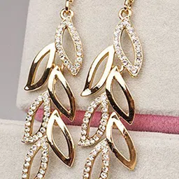 DIVASTRI Gold-Plated Artificial Stones Studded Leaf Shaped Drop Earrings-picture-15