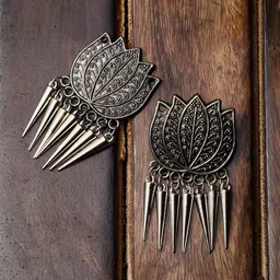 VENI Silver-Plated Oxidised Lotus Drop Earrings-picture-38