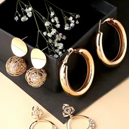 Yellow Chimes Set Of 3 Gold Plated Pearl Crystal Stud Drop Earrings image 1