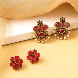 Yellow Chimes Set of 2 pairs Gold plated Multicolor Kundan Studs Earring-picture-33