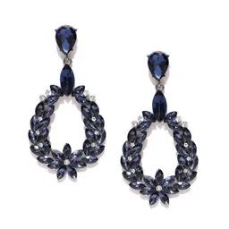 DressBerry Silver-Toned & Navy Blue Contemporary Stone-Studded Drop Earrings-picture-48