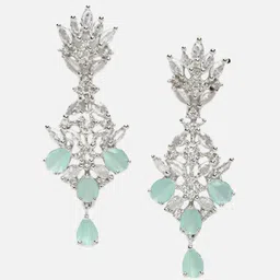 ZENEME Rhodium-Plated American Diamond studded Spiked Shaped Drop Earrings image 2