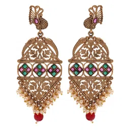 Priyaasi Gold-Plated Stones Studded & Beaded Peacock Drop Earrings image 3