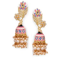OOMPH Gold-Toned & Pink Kundan Studded Peacock Shaped Meenakari Jhumkas Earrings image 2