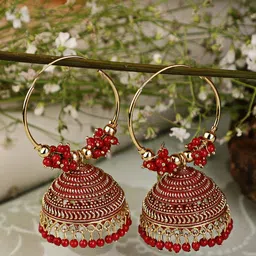 Shining Diva Red & Gold-Plated Contemporary Jhumkas Earrings image 5
