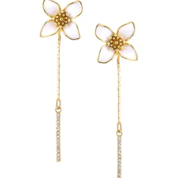 Yellow Chimes Gold-Toned White Color Floral Stud Back Chain Drop Dangler Earrings image 3
