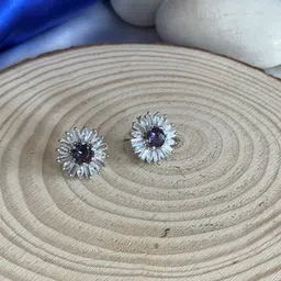 The Jewellery Tale Silver-Plated Artificial Baguette Diamond Studded Floral Shaped Studs image 5