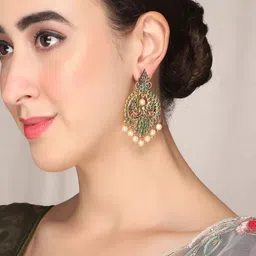 AQUASTREET Green Kemp Stone Pearls Drop Chandbalis Earrings Gold plated Earrings image 3