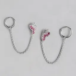 Zavya Rhodium-Plated Silver-Toned & Pink Circular Cuff Earrings image 3