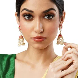 Anouk Gold-Toned Brass-Plated Stone-Studded & Beaded Floral Jhumkas image 4