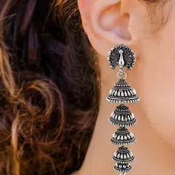 LUCKY JEWELLERY Silver-Plated Oxidised German Silver Contemporary Jhumkas image 4