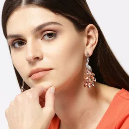 DIVASTRI Silver-Plated Artificial Stones Studded Peacock Shaped Drop Earrings image 3