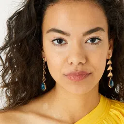 Accessorize London Navy Blue & Gold -Toned Leaf Shaped Drop Earrings image 5