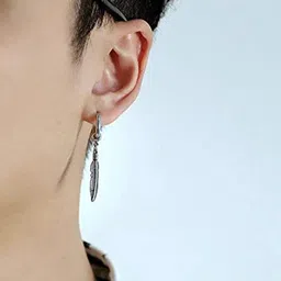 VIEN Silver Plated Feather Shaped Hoop Stainless Steel Earrings image 2