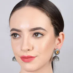 Bamboo Tree Jewels Silver Plated Stone-Studded Dome Shaped Jhumkas image 3